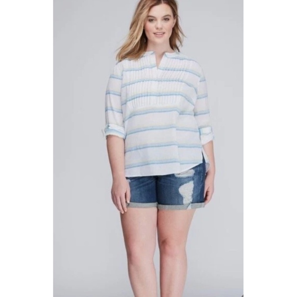 Lane Bryant Linen Striped Pin Tuck Pleats Popover Roll Tab Tunic Top 22 / 24